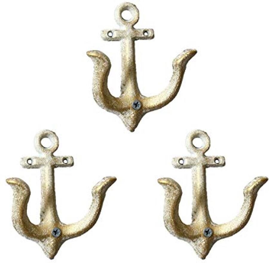 TentHome Set van 3 Maritieme Decoratie Kapstok Antieke Gietijzeren Wandhaken Kapstokken Anker Dubbele Haken Wandkapstok Vintage Tuinhaken Antiek Wit