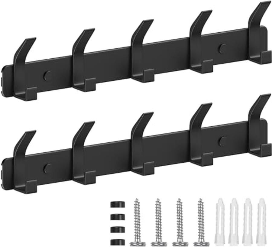 TENXSNUG kapstokken wandkapstok set van 2 haakrekken kapstokken wandhaken met 5 haken wandkapstok kapstokhaakrek jashouder voor keuken en slaapkamer zwart