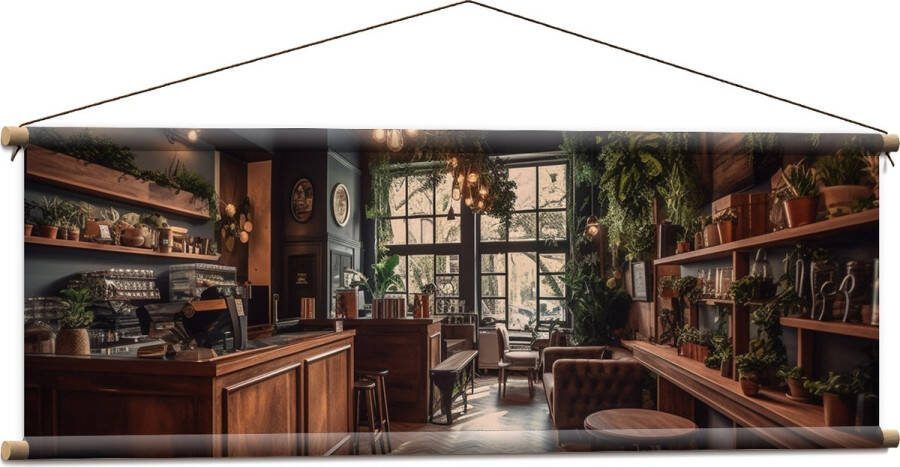 Textielposter Bar Plantjes Groen Stoelen 120x40 cm Foto op Textiel
