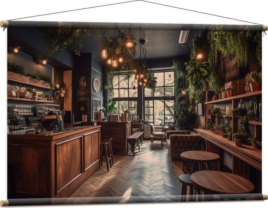 Textielposter Bar Plantjes Groen Stoelen 120x80 cm Foto op Textiel