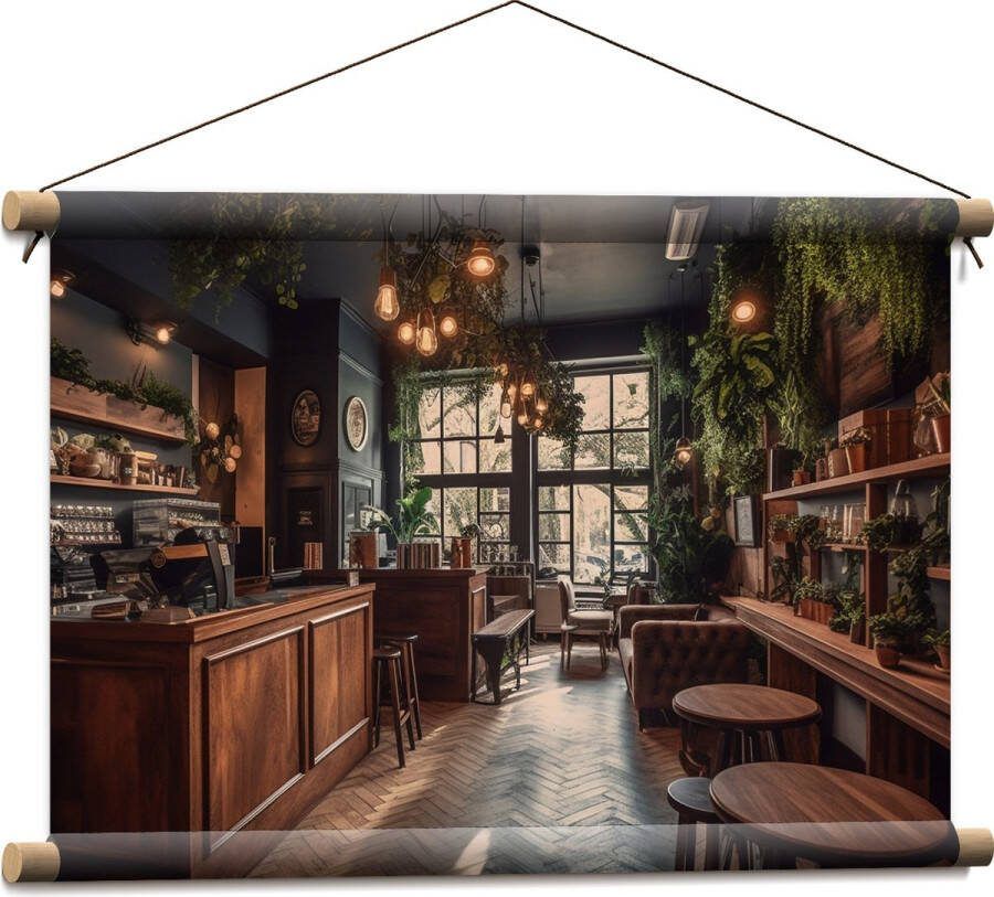 Textielposter Bar Plantjes Groen Stoelen 60x40 cm Foto op Textiel