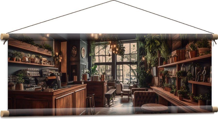 Textielposter Bar Plantjes Groen Stoelen 90x30 cm Foto op Textiel