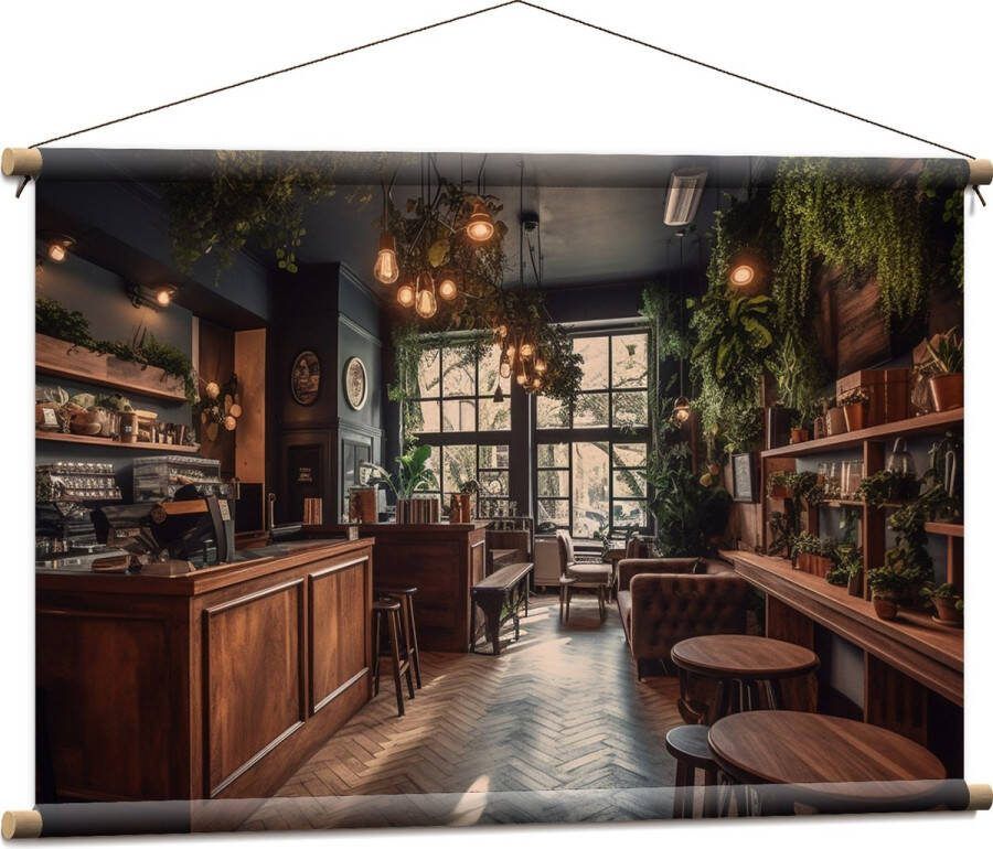Textielposter Bar Plantjes Groen Stoelen 90x60 cm Foto op Textiel