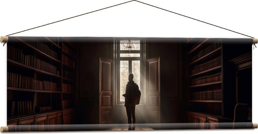 Textielposter Bibliotheek Man Boeken Leeg 120x40 cm Foto op Textiel