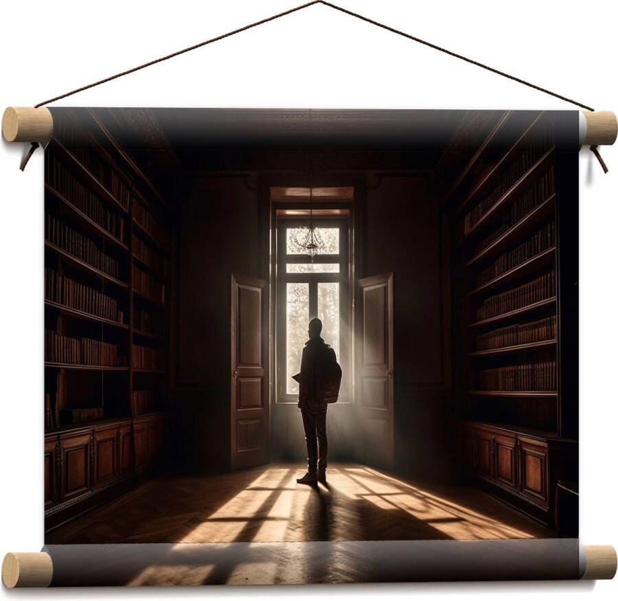 Textielposter Bibliotheek Man Boeken Leeg 40x30 cm Foto op Textiel