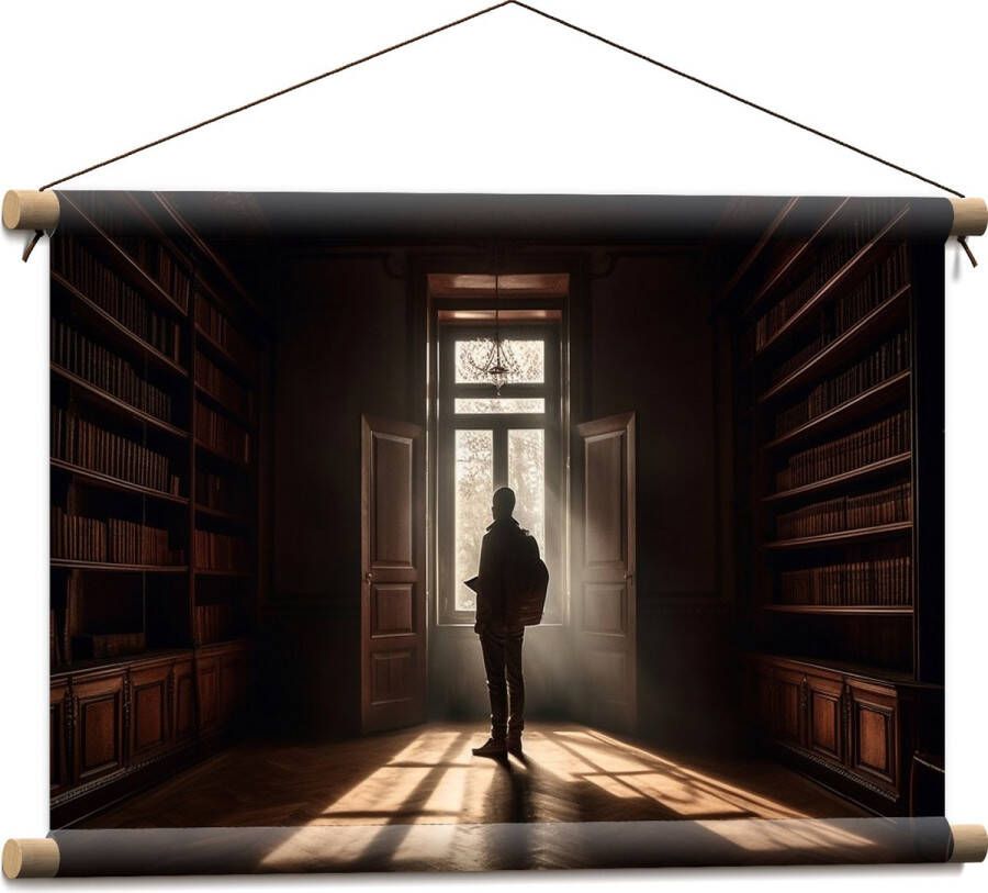 Textielposter Bibliotheek Man Boeken Leeg 60x40 cm Foto op Textiel