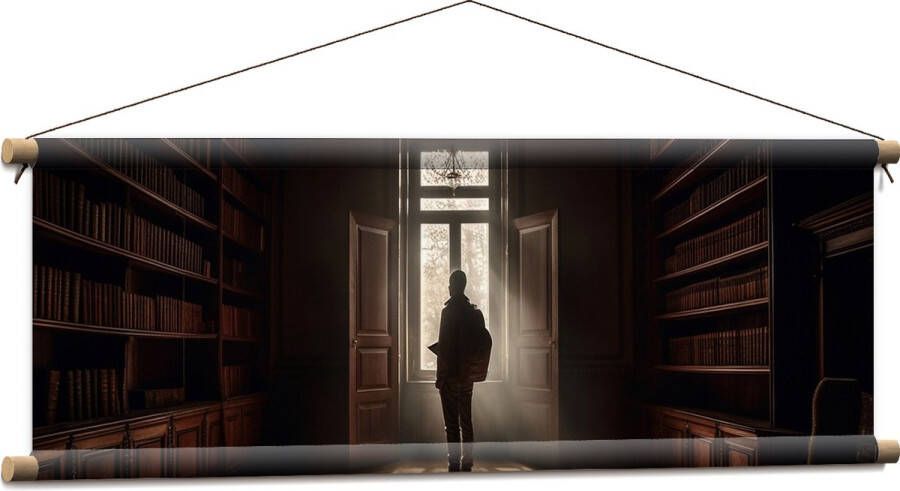 Textielposter Bibliotheek Man Boeken Leeg 90x30 cm Foto op Textiel