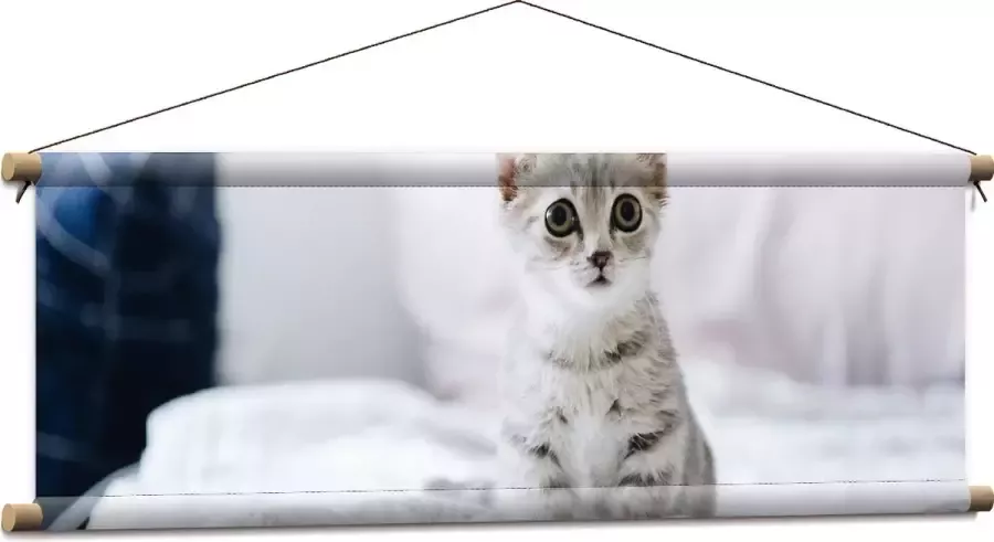 Textielposter Grijze Kitten met Donkere Contouren op Lichaam Zittend op Bed 90x30 cm Foto op Textiel