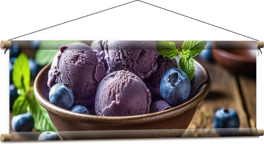 Textielposter Ijs Bolletjes Bosbessen Fruit Blauw Paars Bakje Tafel Hout 90x30 cm Foto op Textiel
