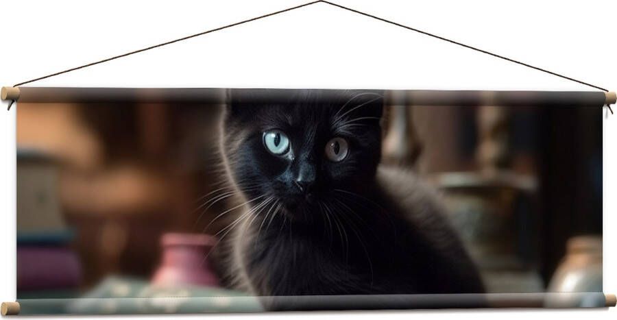 Textielposter Kitten Dier Tafel Boeken Zwart 120x40 cm Foto op Textiel