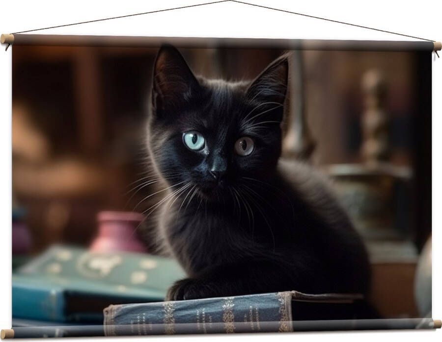 Textielposter Kitten Dier Tafel Boeken Zwart 120x80 cm Foto op Textiel