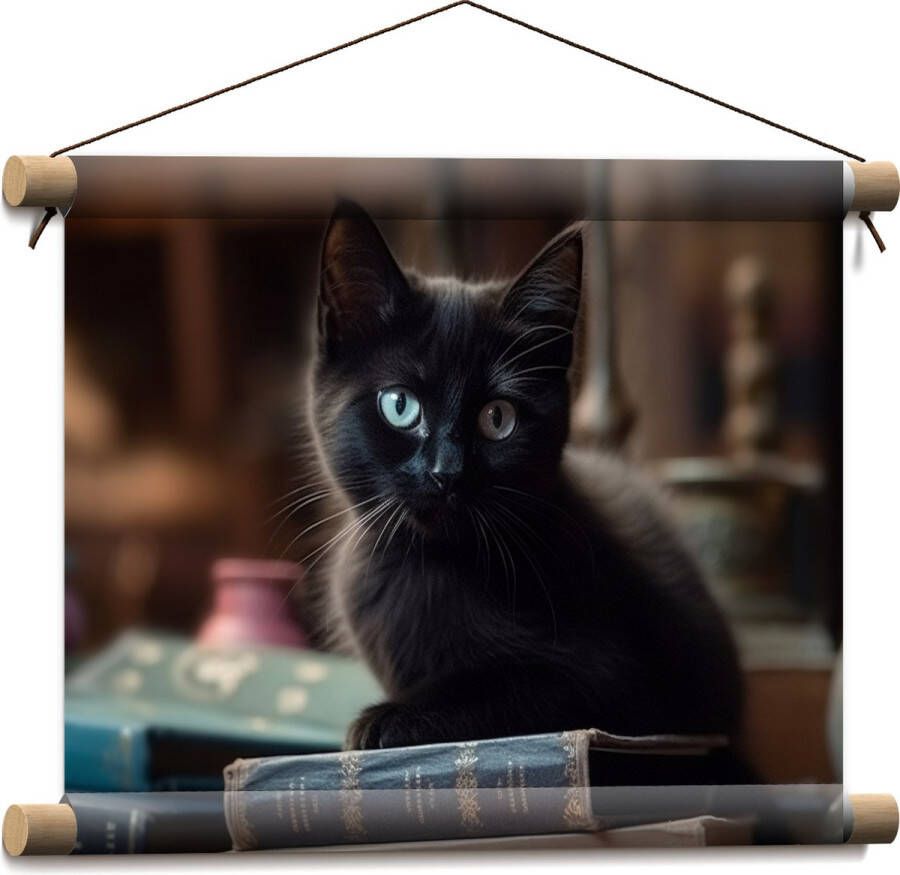 Textielposter Kitten Dier Tafel Boeken Zwart 40x30 cm Foto op Textiel