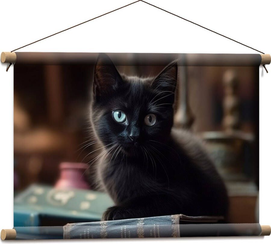 Textielposter Kitten Dier Tafel Boeken Zwart 60x40 cm Foto op Textiel