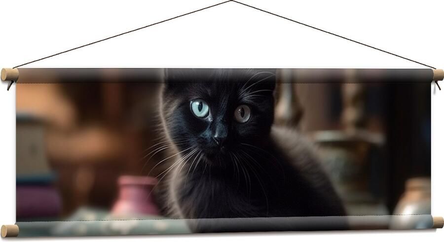 Textielposter Kitten Dier Tafel Boeken Zwart 90x30 cm Foto op Textiel