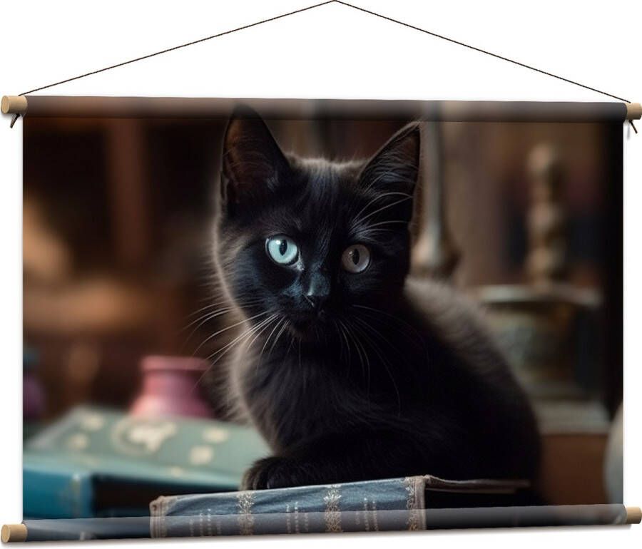 Textielposter Kitten Dier Tafel Boeken Zwart 90x60 cm Foto op Textiel