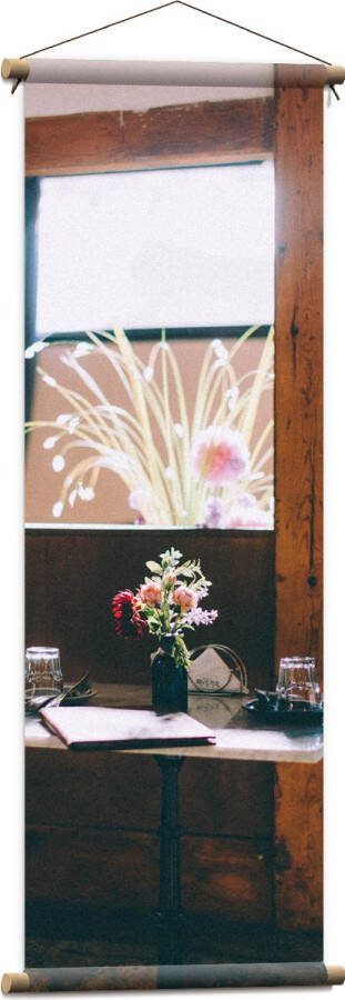 Textielposter Plantje op Tafel in Cafeetje 40x120 cm Foto op Textiel