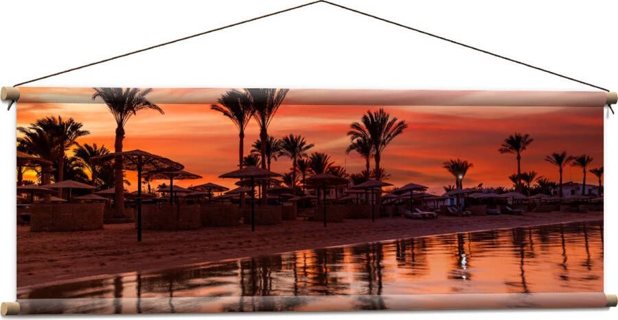 Textielposter Strand Zee Zonsondergang Parasols Palmbomen 120x40 cm Foto op Textiel