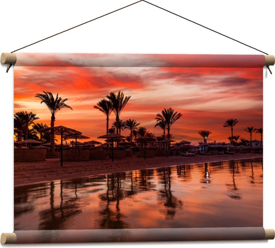 Textielposter Strand Zee Zonsondergang Parasols Palmbomen 60x40 cm Foto op Textiel
