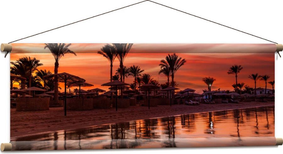 Textielposter Strand Zee Zonsondergang Parasols Palmbomen 90x30 cm Foto op Textiel
