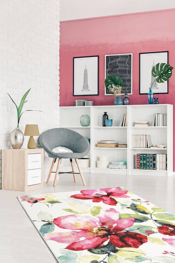 The carpet Monde Modern Design Woondeken Zachte Korte Stapel Opvallend Bloemig Kleurrijk Crème Roze 120x170 cm