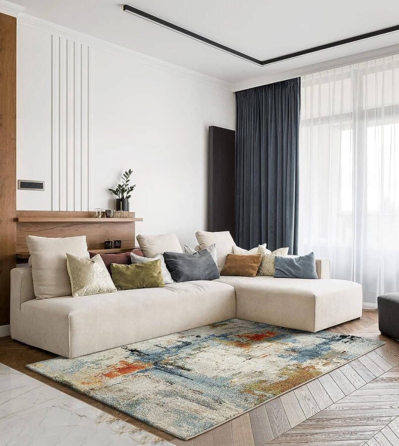 The carpet Monde Modern Design Woonkamerkleed Zacht Kortpolig Opvallend Abstract Kleurrijk Crème Blauw 160x230 cm