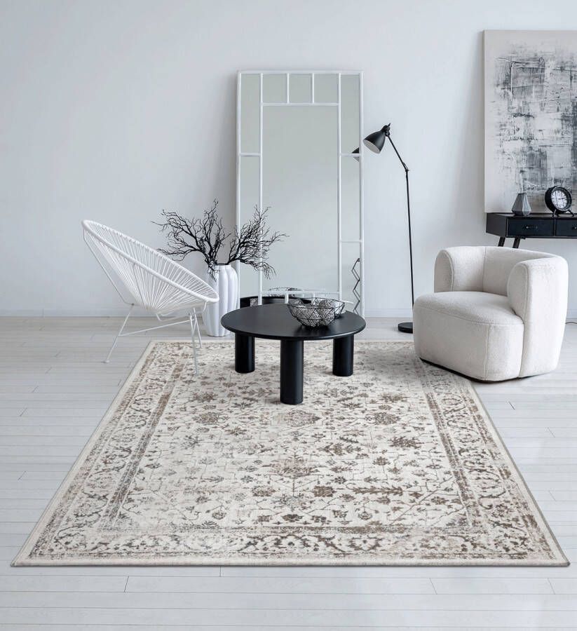 the carpet Vloerkleed Mila Modern dik kortpolig tapijt woonkamer slaapkamer elegante glans glanzende vezel hoog-laag effect veer crème 140 x 200 cm