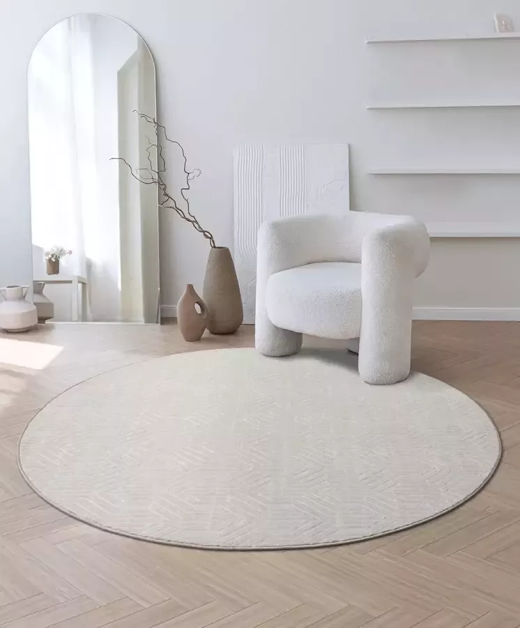 The carpet Vloerkleed Mila Modern Dik Kortpolig Vloerkleed Woonkamer Slaapkamer Elegant Gloss Glansvezel Hoog-Laag Effect Veer Crème 200 cm Rond