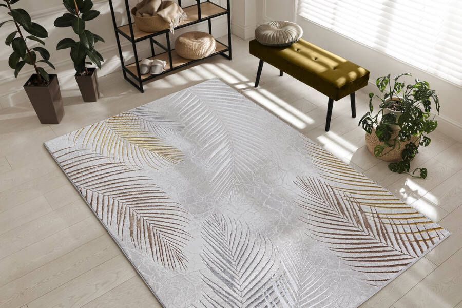 the carpet Vloerkleed Mila modern tapijt woonkamer elegant glanzend kortpolig woonkamer tapijt in grijs met goud zilver veren patroon tapijt 200 x 290 cm