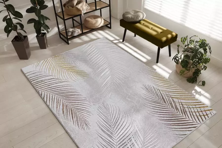 The carpet Vloerkleed Mila modern tapijt woonkamer elegant glanzend kortpolig woonkamer tapijt in grijs met goud zilver rand tapijt 200 x 290 cm