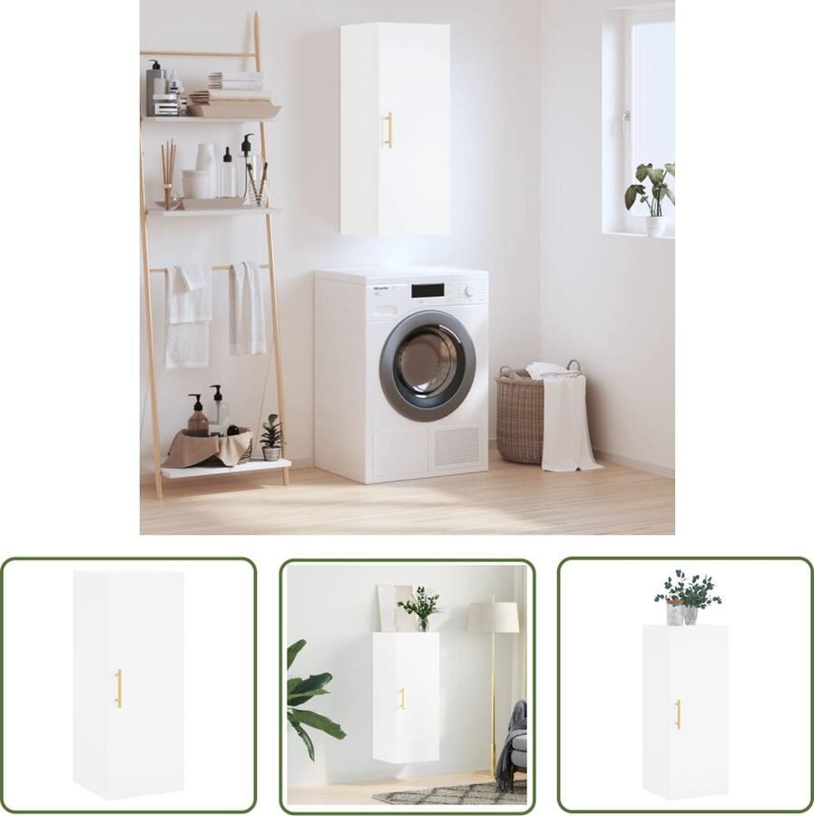 The Living Store Hangkast 34 5x34x90 cm wit Wandkast Hangkast Opbergkast Houten Kast Wit Meubilair