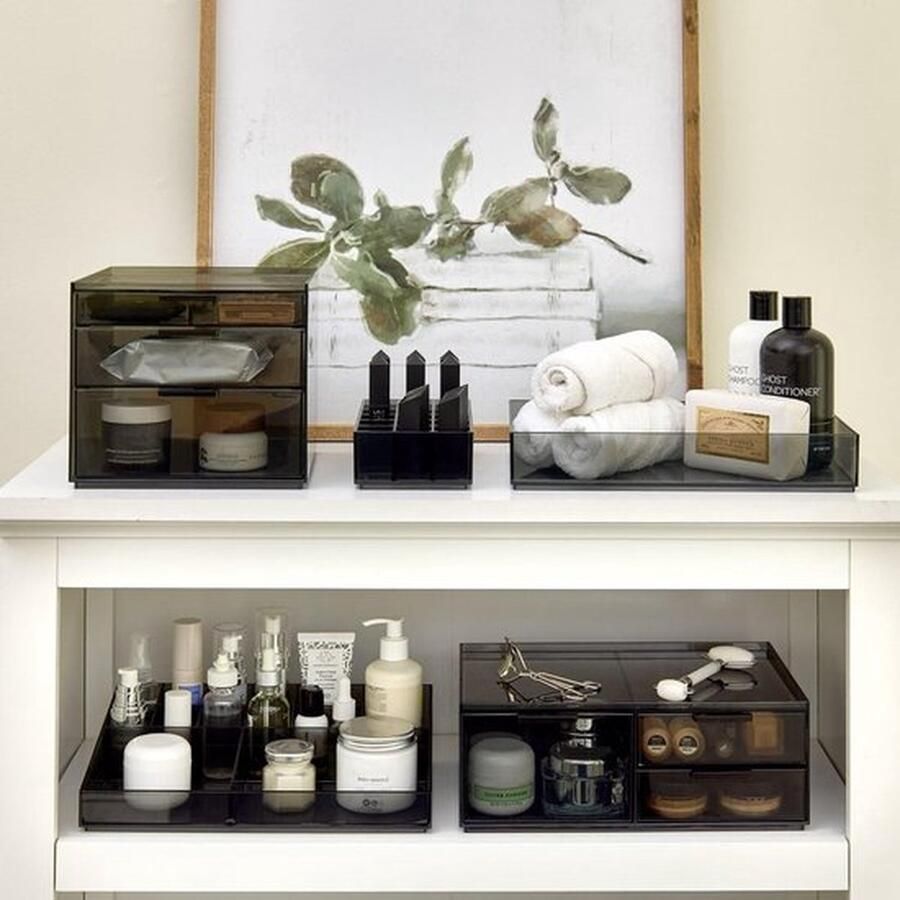 The Sarah Tanno Collection Tall Plastic Cosmetic Drawer Organizer Made of Recycled Plastic Black Smoke Color 8 x 8 x 7 inches Eco-Friendly Storage Solution