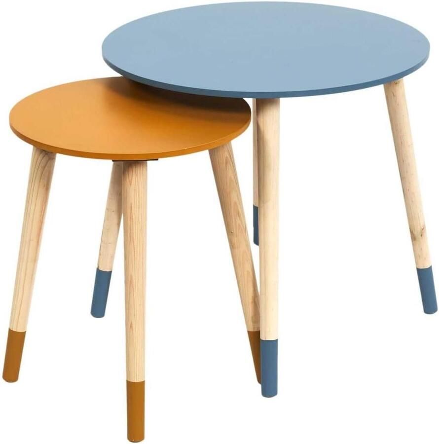 The Set van 2 salontafels uittrekbaar rond tweekleurig blauw geel hout klein 33 x 40 cm hoogte 43 x 48 cm - Foto 2