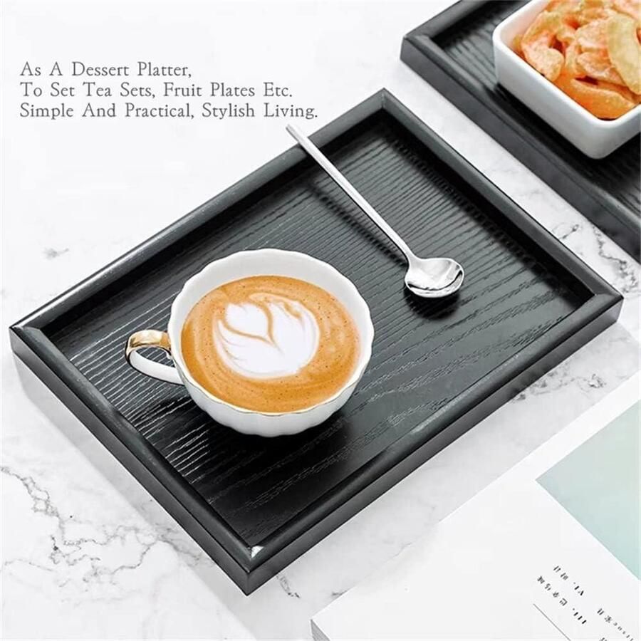 Theeblad van Hout Zwarte Rechthoekige Dienbladen Koffie Snack Voedsel Maaltijden Bord voor Ontbijt op bed Lunch Diner Patio Badkamer Restaurant BBQ Feest 36x27cm