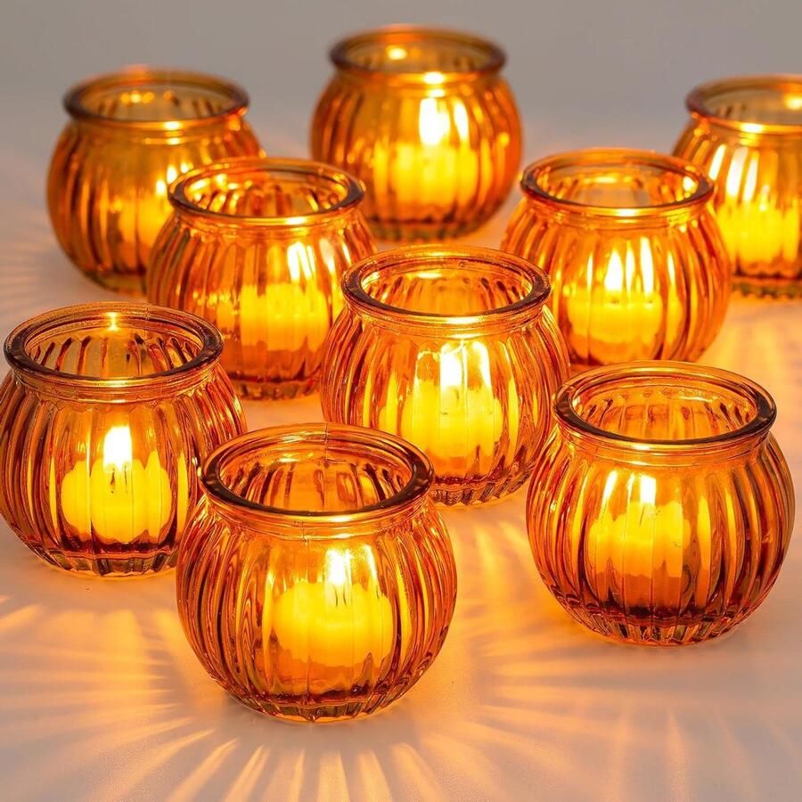 Theelicht Kaarshouders Set van 12 Amber Glas Pompoen Theelichthouder Geribbelde Votief Bulk Kerstmis Halloween Decoraties Bruiloft Feest Woonkamer Tafel Centraces