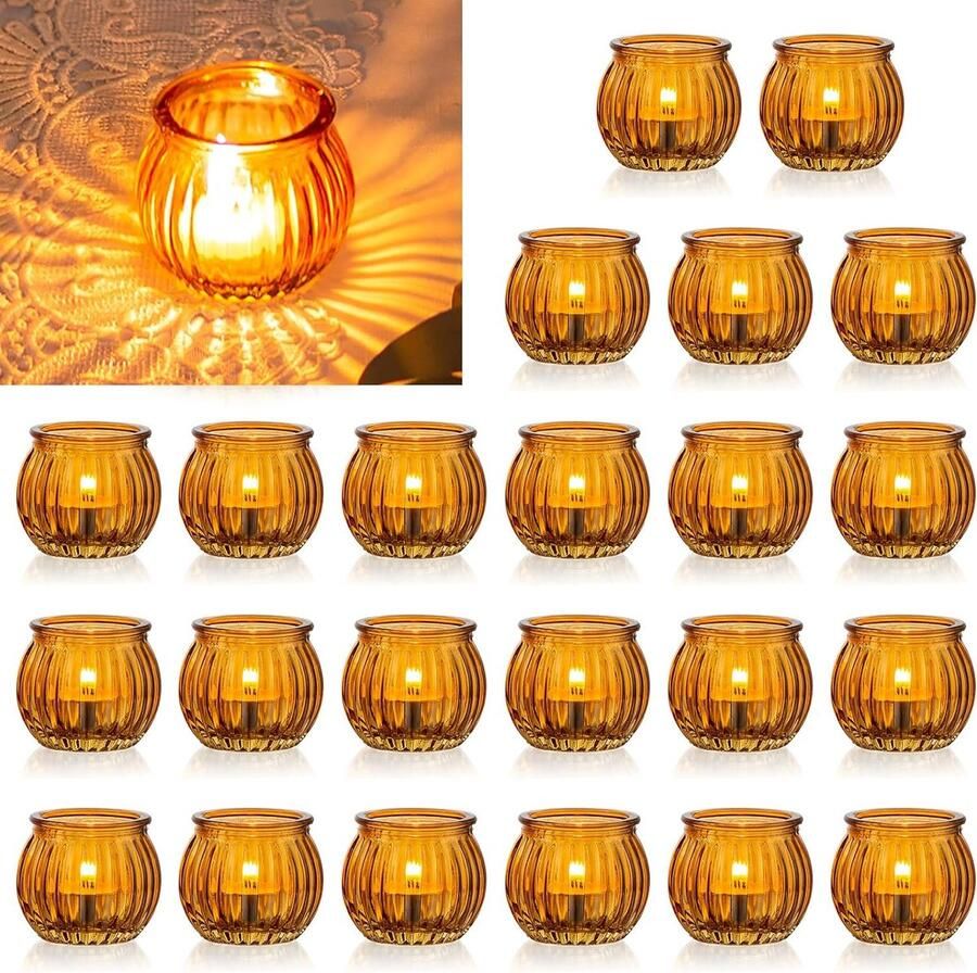 Theelicht Kaarshouders Set van 24 Amber Glas Pompoen Theelichthouder Geribbelde Votief Bulk Kerstmis Halloween Decoraties Bruiloft Feest Woonkamer Tafel Centraces