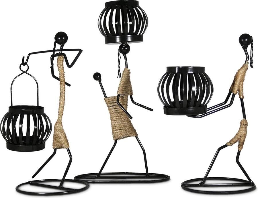 Theelichthouder Decoratie Woonkamerset met 3 Kandelaars Zwart Metalen Decoratie voor Kaarsen LED of Theelicht Tafeldecoratie voor Eettafel Badkamerdecoratie Plank