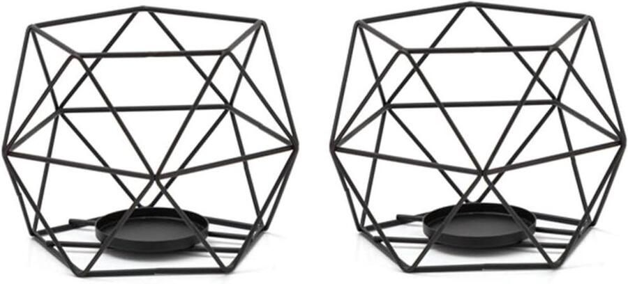 Allecto Premium Set van 2 kaarsenstandaards zwart metaal Windlicht theelichthouder Moderne geometrische ijzeren kandelaars Vintage decoratie woonkamer slaapkamer eettafel
