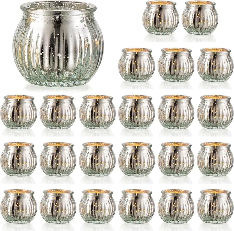 Theelichthouders Set van 24 Zilveren Glazen Geribbelde Theelichthouders Voor Kaarsen Mercurius Pompoen Kerst Halloween Decoraties Thanksgiving Pasen Tafel Decoratie