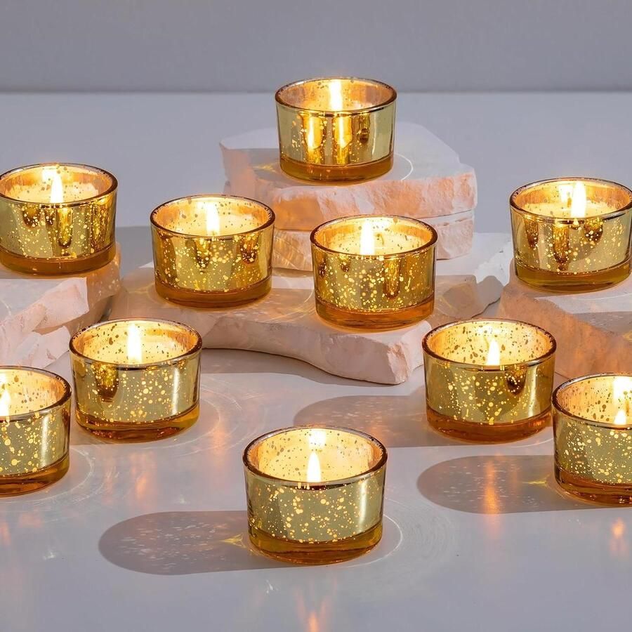 Theelichtkaarsenhouder set van 24 Gouden glazen kaarsenhouders voor tafel centerpiece Bruiloftsdecoraties feest & huisdecoratie Kleine mercury glas votive kandelaar bulk