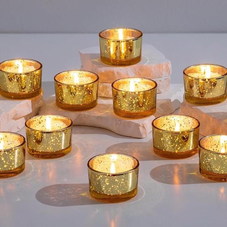 Theelichtkaarsenhouder set van 24 Gouden glazen kaarsenhouders voor tafel centerpiece Bruiloftsdecoraties feest huisdecoratie Kleine mercury glas votive kandelaar bulk