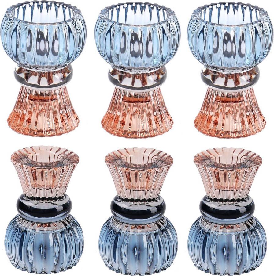Theelichtkaarsenhouder set van 6 heldere kleurverloop kleur 8 cm hoogte kristalglas Taper kaarsenhouder decoratief theelicht kaarsenhouder voor feest open haard bruiloft tafel middenstuk