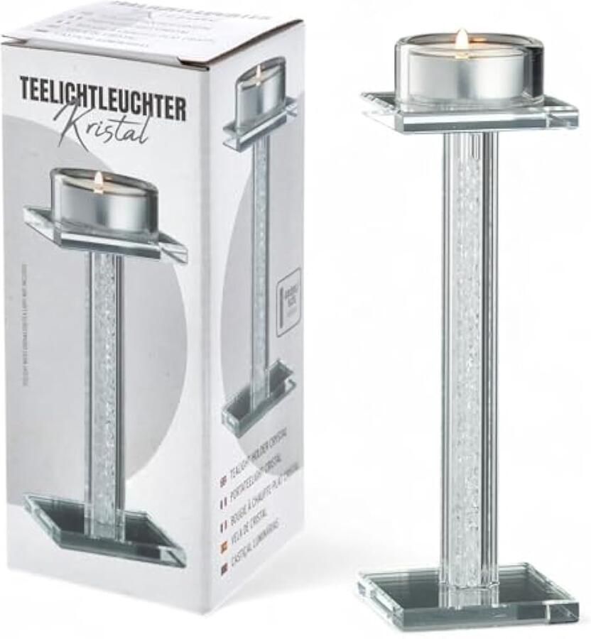 Theelichtkroonluchter kristal glazen kandelaar met kristaleffect 19 cm hoog elegante decoratieve kroonluchter voor woonkamer eettafel en evenementen (19 cm hoog)