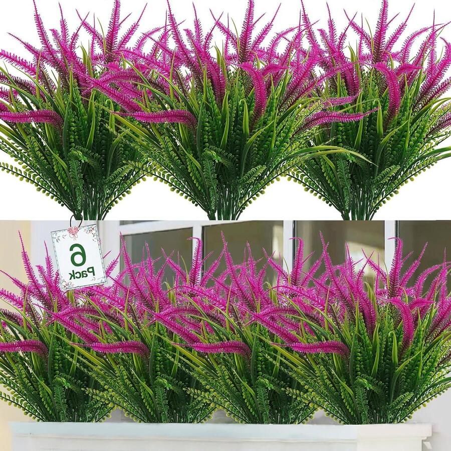 Thelau 6 bundels kunstbloemen voor buiten nep struiken lavendel bloemen UV-bestendig faux plastic groen planten opknoping plantenbak huis tuin venster dozen tafel bloemen decor Fuchsia
