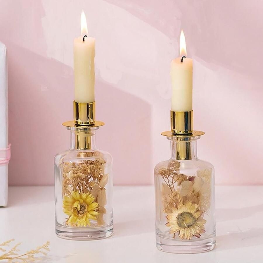 Allecto plus Kandelaar met staafkaarsen en droogbloemen Glazen kaarsenhouder Gouden kandelaar Kerstcadeaus voor vrouwen Tafeldecoratie Eettafel Lente Boho decoratie