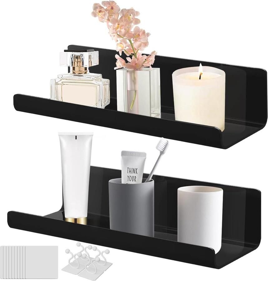 Allecto plus Zwarte acryl wandplanken set voor aan de muur Eenvoudige wanduitbreiding voor kantoor badkamer keuken Zwevend rek Geen boren nodig Slaapkamer wandrek met 2 planken