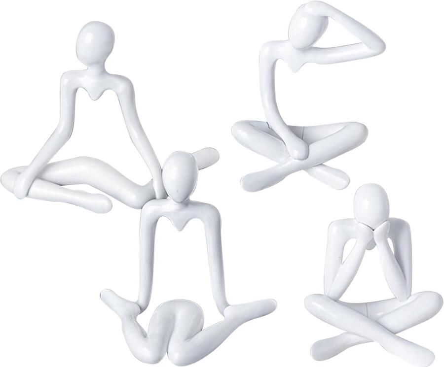 Thinker Standbeeld Set van 4 Mini Thinker Sculptuur Witte Abstracte Beeldjes Home Decor Moderne Stijl Moderne Kunst Sculptuur voor Thuis Woonkamer Kantoor Tafel Artistieke Decoratieve Accessoires