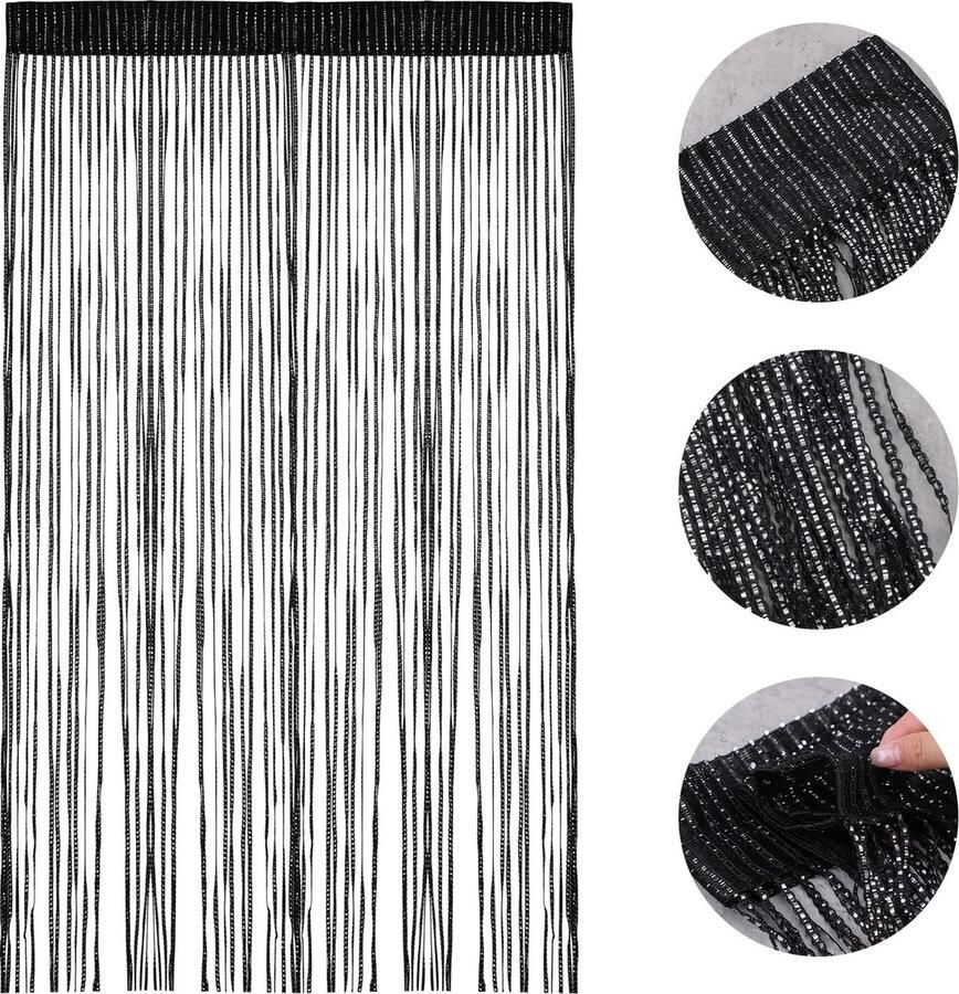 Thread Curtain Glitter White 100 x 200 cm Room Divider Curtain for Wedding Cafe Restaurant Black