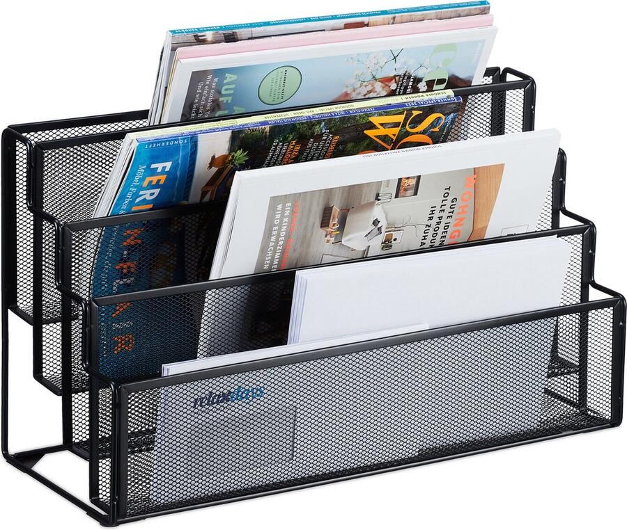 Relaxdays tijdschriftenhouder metaal 4 vakken brievenbak bureau 26 x 45 x 18 cm voor magazines en kranten zwart