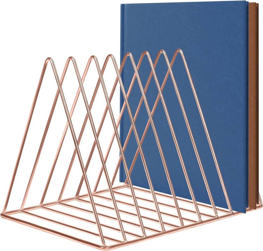 Tijdschriftenverzamelaar metalen boekenstandaard roségoud driehoekige tijdschriften- en krantenhouder met 9 sleuven voor thuis boekenkast badkamer en kantoor voor boeken kranten