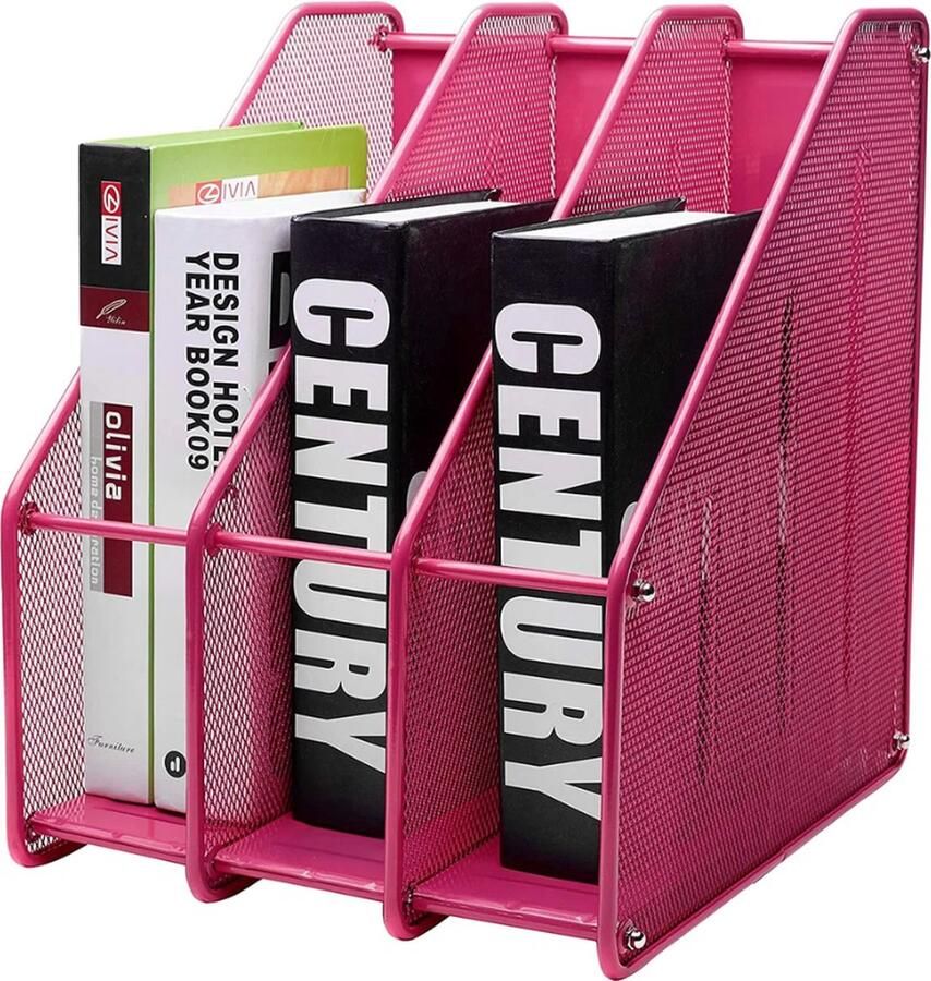 Tijdschriftmap Grid Metal Triple Desk File Holder 3 Divisies A4 Documenten Opslagmap Map Organizer Tijdschrift Boekensteun (Roze)
